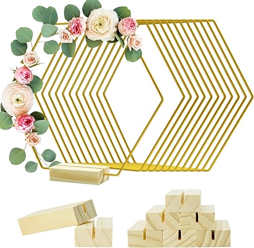 Paquete de 12 centros de mesa de aro floral hexagonal de 8 pulgadas con soporte, centro de mesa de aro floral de metal para mesa con 12