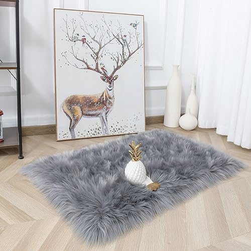 Miniatura 3 de Noahas - Alfombra de lujo esponjosa para dormitorio o habitación, alfombra con piel de oveja, gris