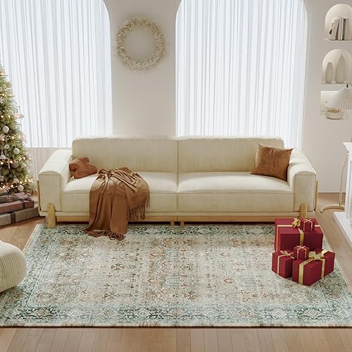 Alfombra bohemia lavable de 5 x 7 pies, color verde azulado, para sala de estar, suave, antideslizante, no se desprende, alfombra de interior para