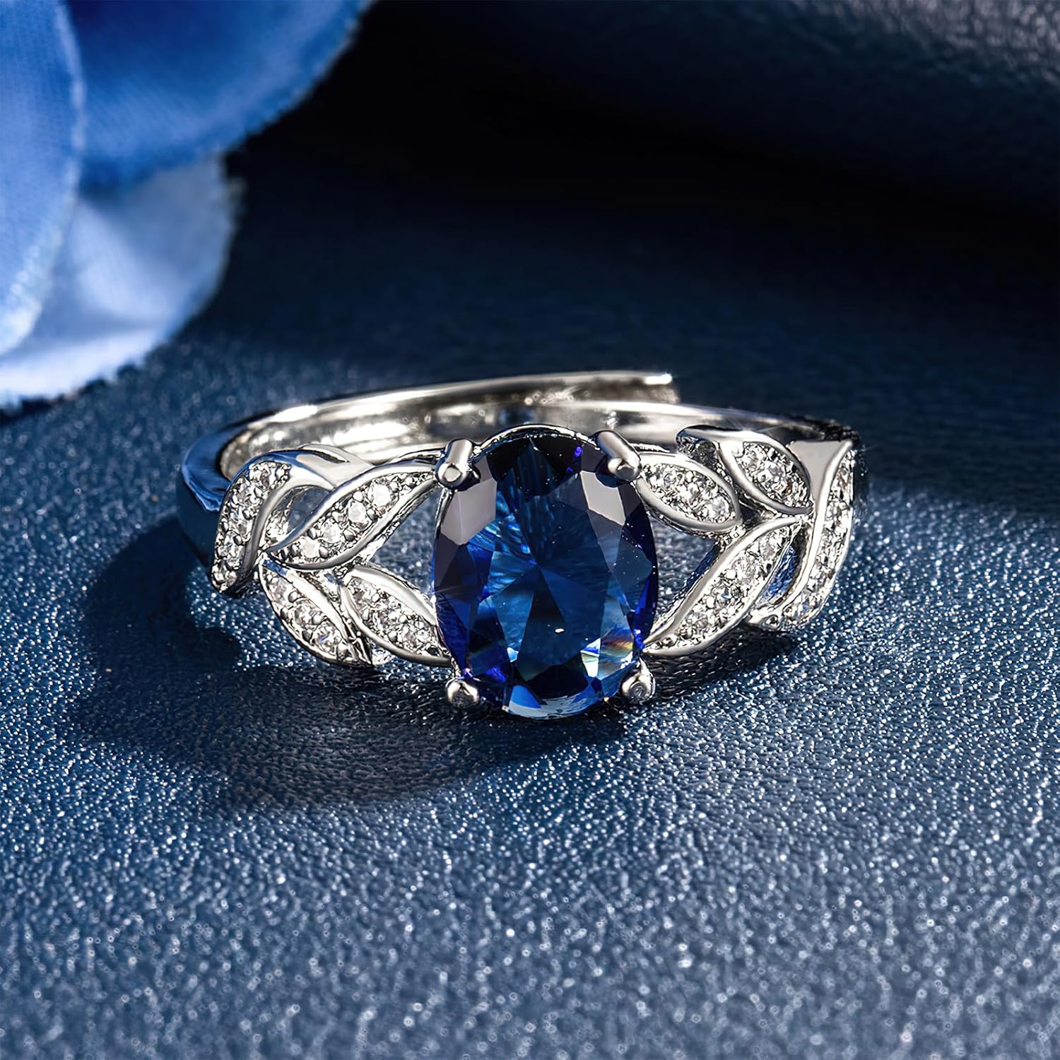 Oval Created Blue Sapphire Rings for Women, Fashion Gemstone Jewelry Adjustable Size - Image 5