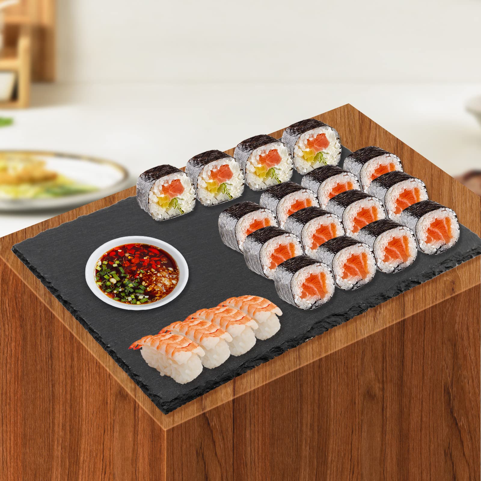 MUKLEI 8 tablas de queso de pizarra negra de 10 x 4.7 pulgadas, bandeja de servir de pizarra negra con borde natural, bandeja de servir de piedra pizarra para queso, embutidos, sushi, aperitivos