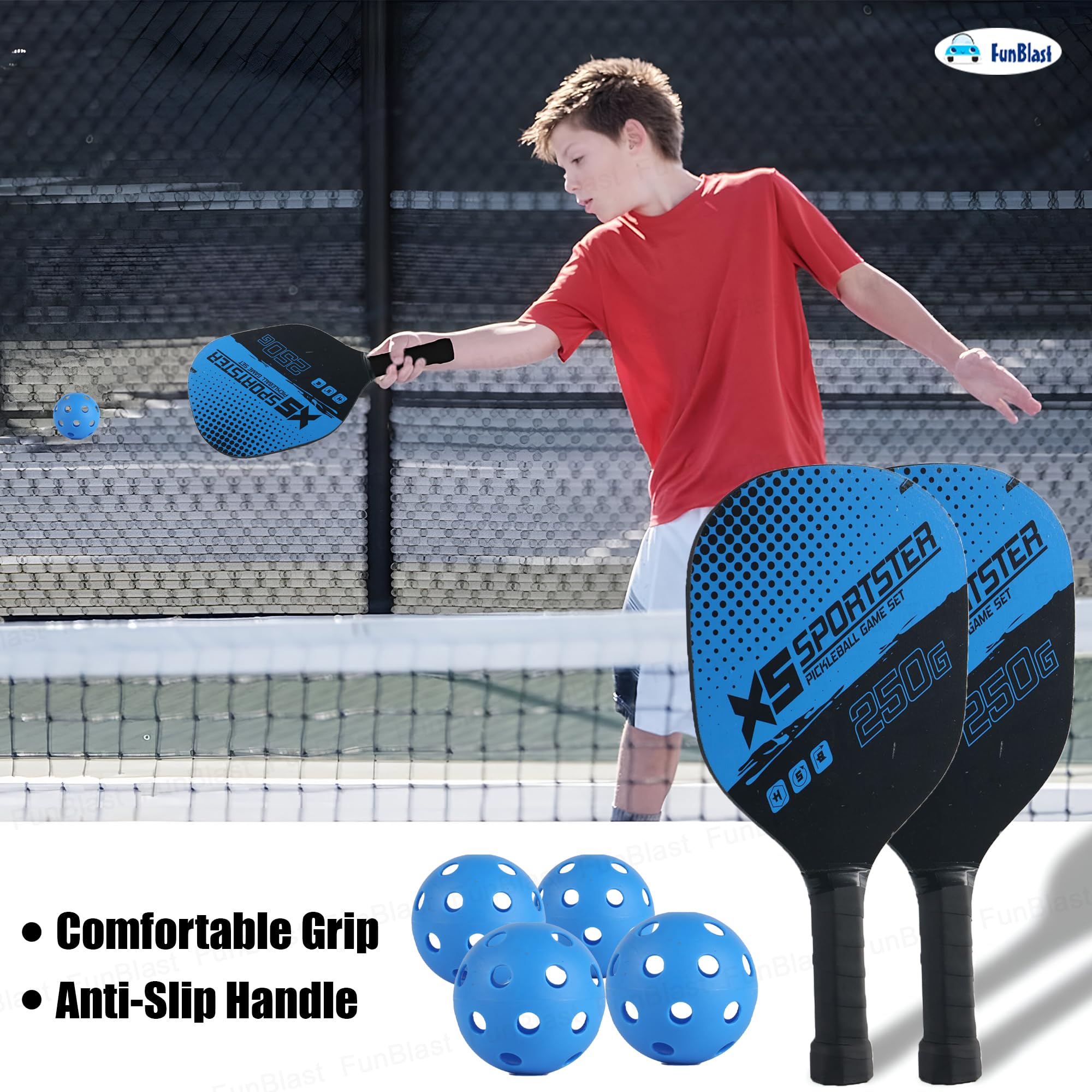 FunBlast Pickle Ball Racket Set - 2 Premium Wood Rackets with 4 Balls & Portable Carry Bag, Ideal for Kids, Men & Women - Durable & Lightweight, Outdoor Activities (Blue) — Amazon image 9