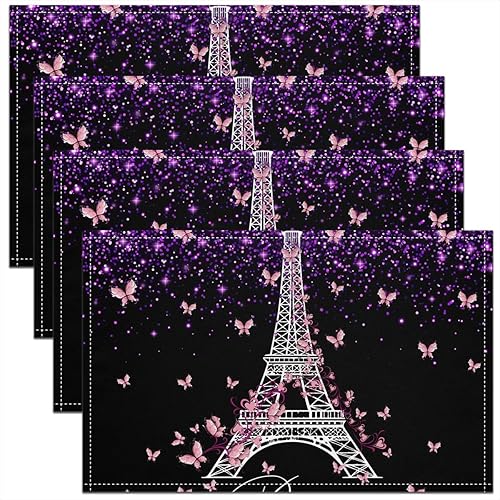 Juego de 4 manteles individuales para decoración de fiesta de cocina con diseño de torre Eiffel, manteles individuales de tela lavable con