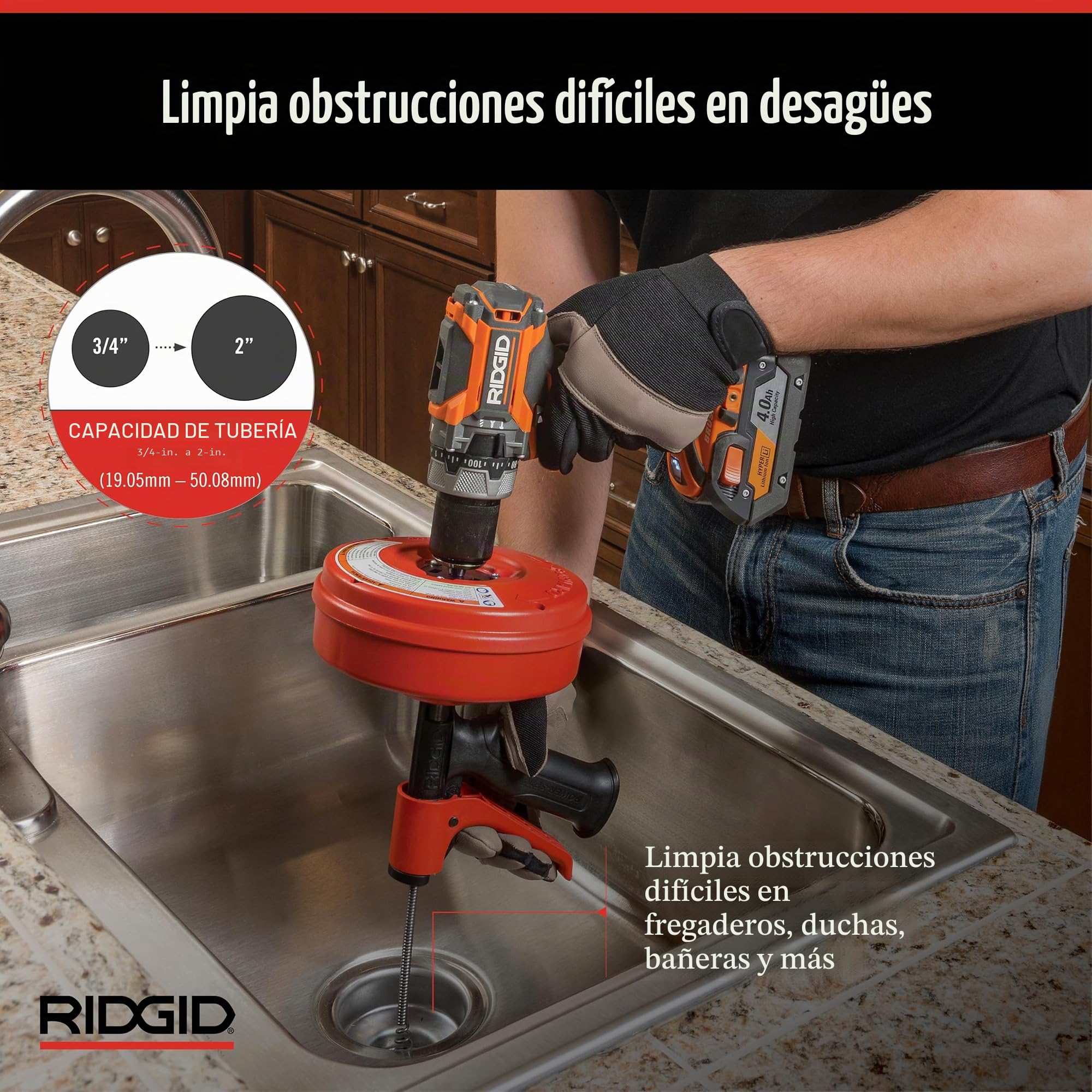 RIDGID 57043 Power Spin con AUTOFEED, Cable limpiador de desagües Maxcore y Cable helicoidal de bombilla para limpieza de desagües para eliminar obstrucciones en desagües