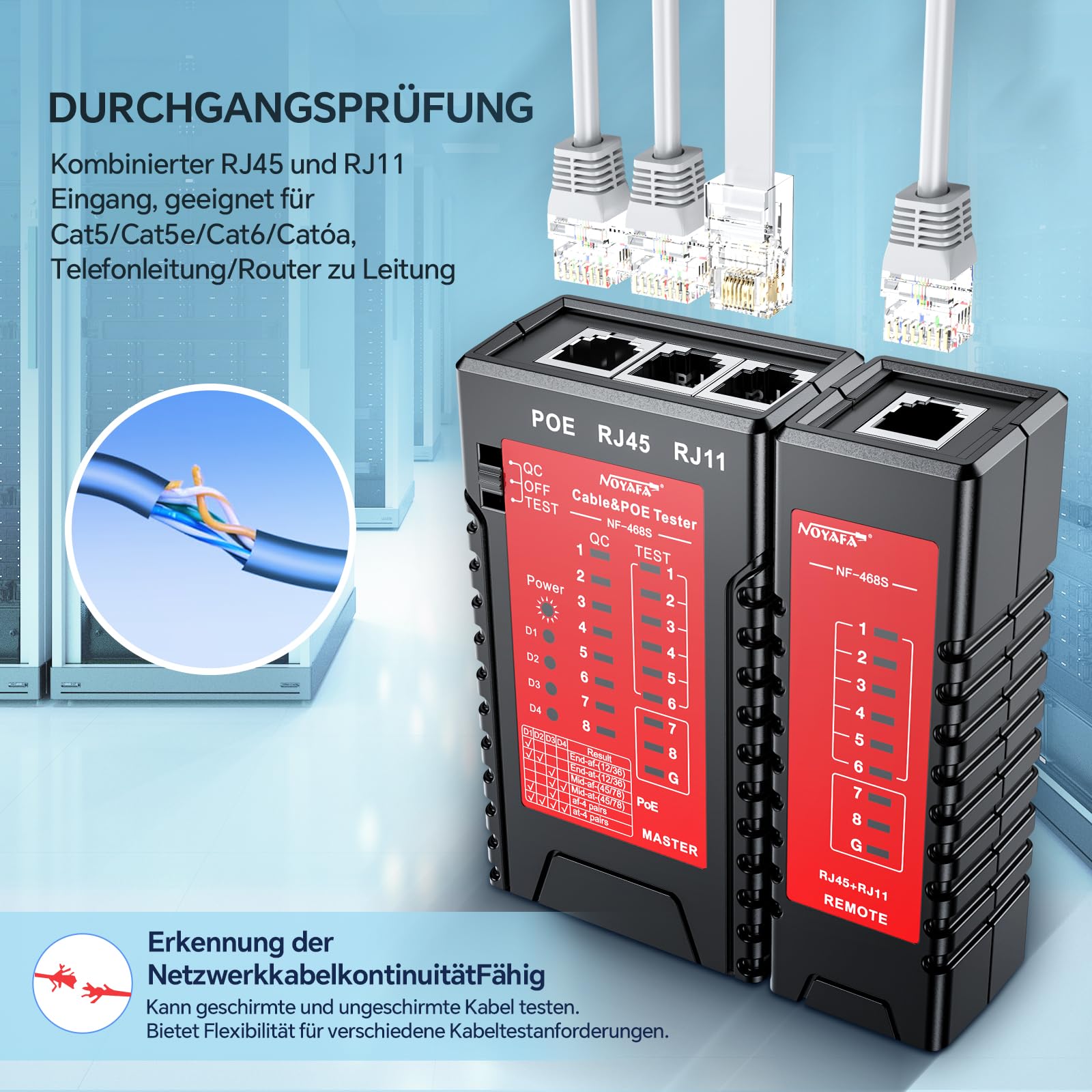 NOYAFA Netzwerkkabeltester, Erweiterte Kabel Tester für RJ11, RJ12, RJ45, CAT5, CAT6, CAT7, STP/UTP-Kabelprüfer, Kabelmapper, PoE-Tester, Durchgangsprüfung, Telefonleitung Cat3, LAN-Netzwerk tool