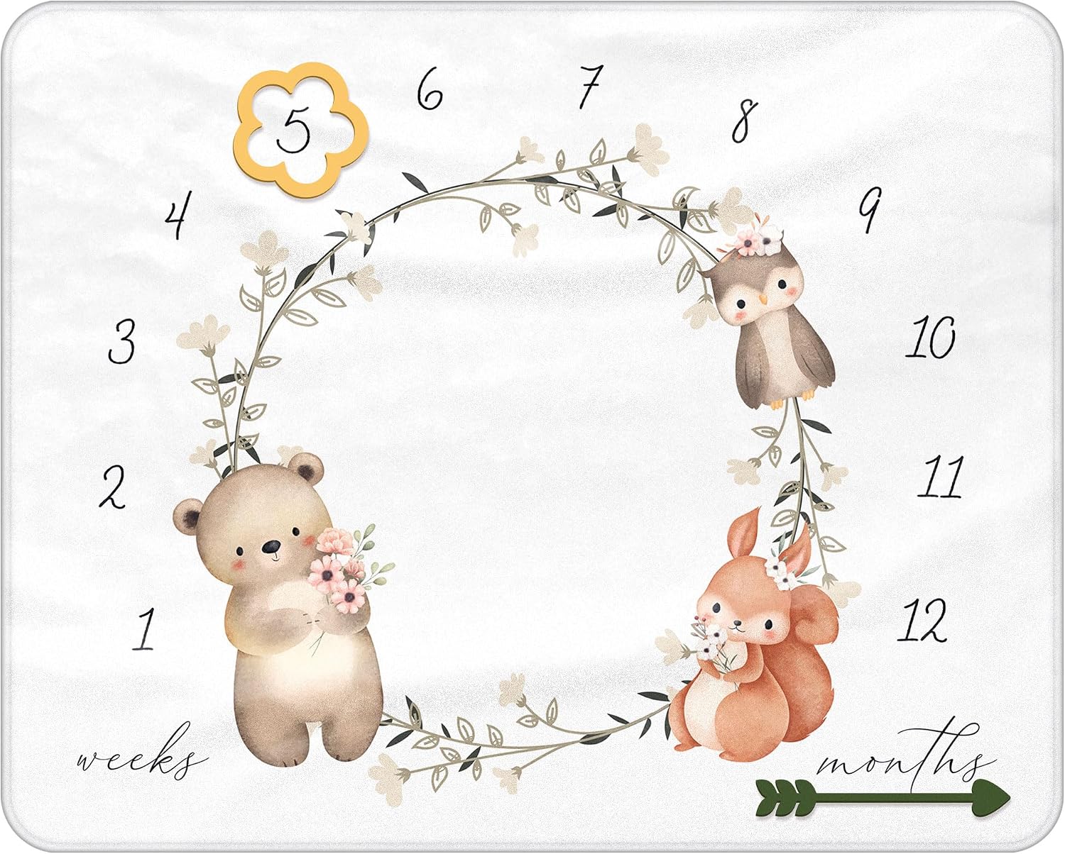Baby Monthly Milestone Blanket for Girls and Boys – Soft Flannel 40x50 Inch Photo Blanket with 2 Milestone Markers – Newborn Keepsake with Animals, Green Ribbon & Frosted Zipper Pouch