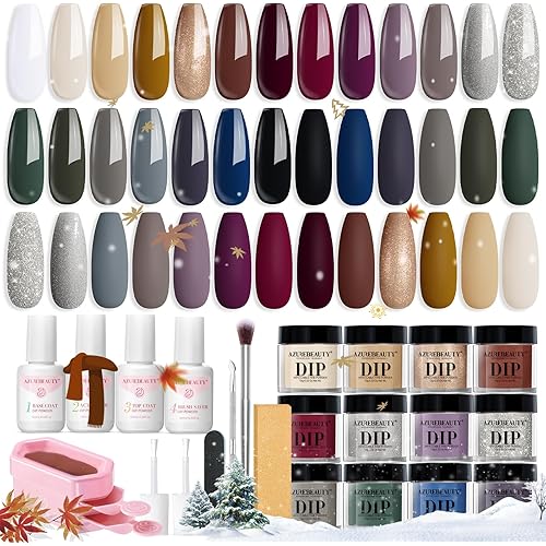 AZUREBEAUTY Dip Powder Nail Kit Starter 20 Colors Glitter Dark Green Grey Purple Fall Winter 31 Pcs Dip Powder Liquid Set with Top/Base Coat Activator for French Nails Art Manicure DIY Salon Gift