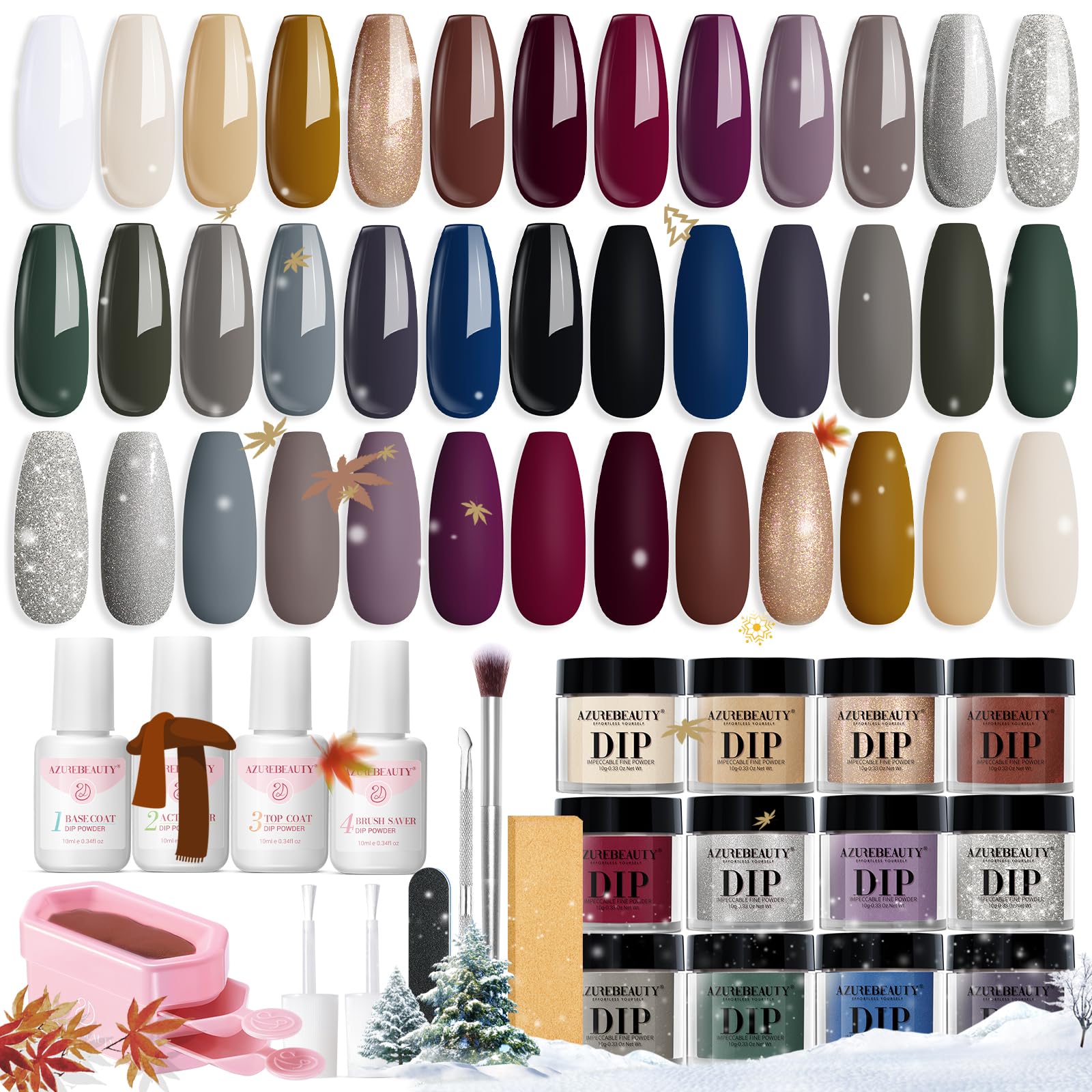 AZUREBEAUTY Dip Powder Nail Kit Starter 20 Colors Glitter Dark Green Grey Purple Fall Winter 31 Pcs Dip Powder Liquid Set with Top/Base Coat Activator for French Nails Art Manicure DIY Salon Gift