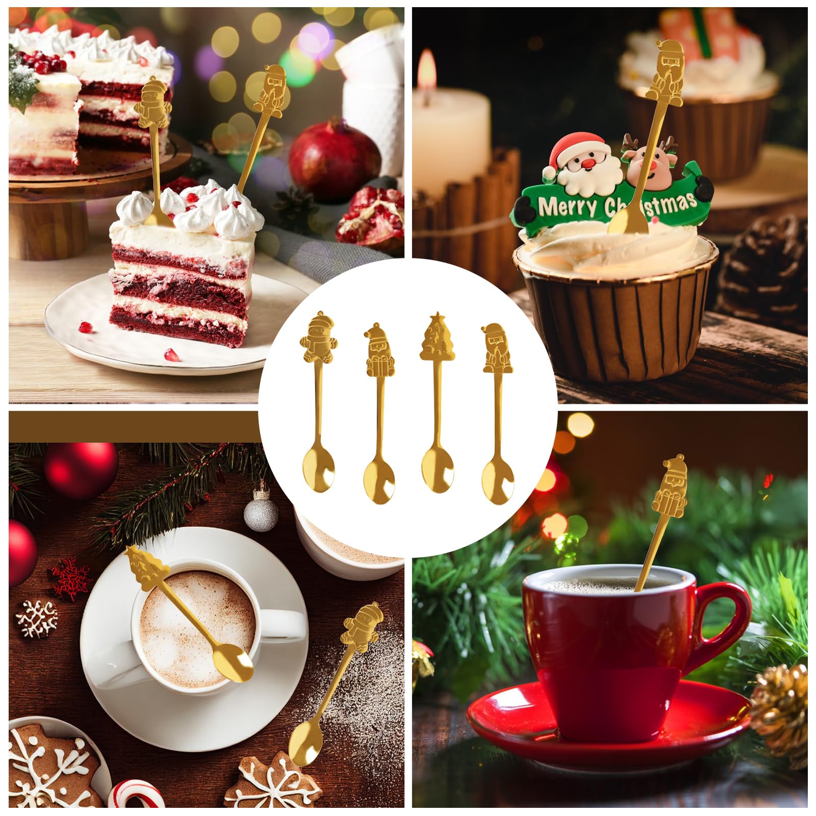 Acewen 4 X Weihnachts-Kaffeelöffel, Weihnachtsmann, Weihnachtsbaum, Schneemann, Elch, Edelstahl, Goldfarbene Löffel Für Kaffee, Dessert, Kuchen, Tee, Suppe, Abendessen, Geschirr, Praktisches