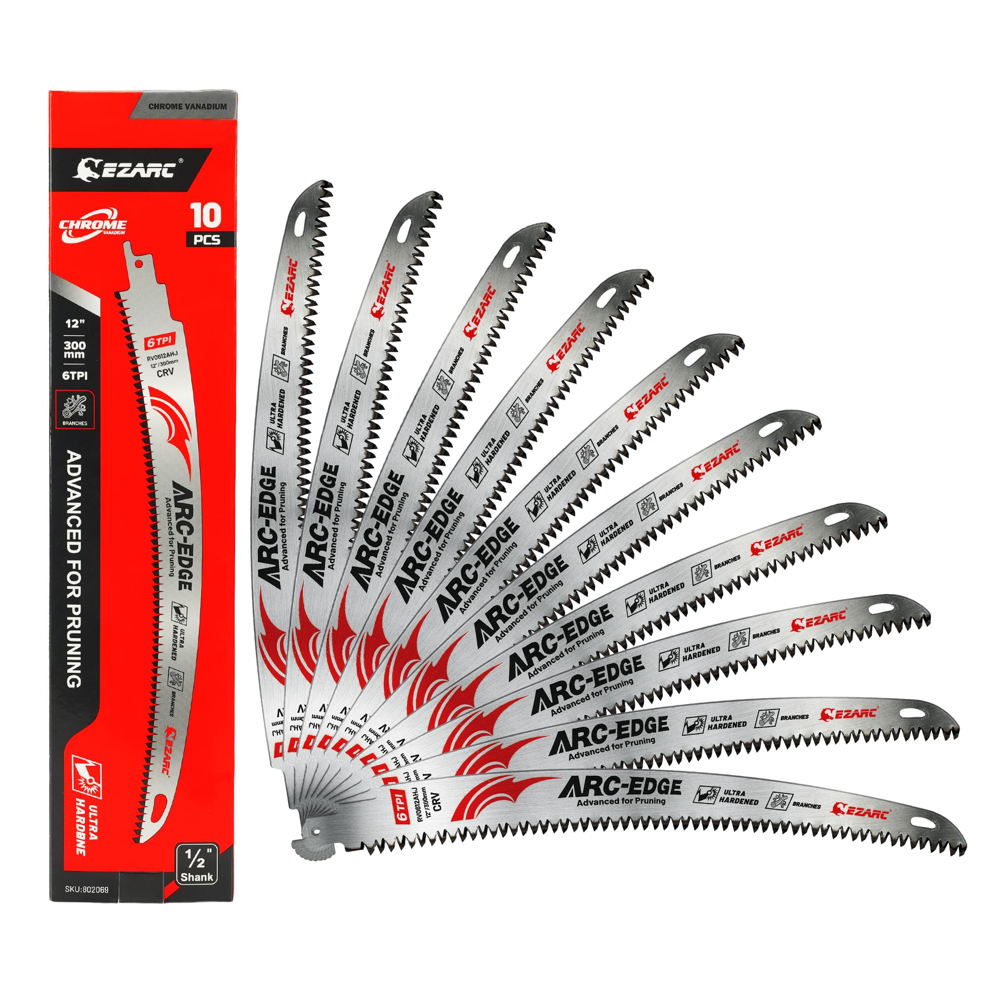 EZARC Reciprocating Saw Blades Wood, Arc Edge, 300mm 6TPI, Pruning, 10pcs