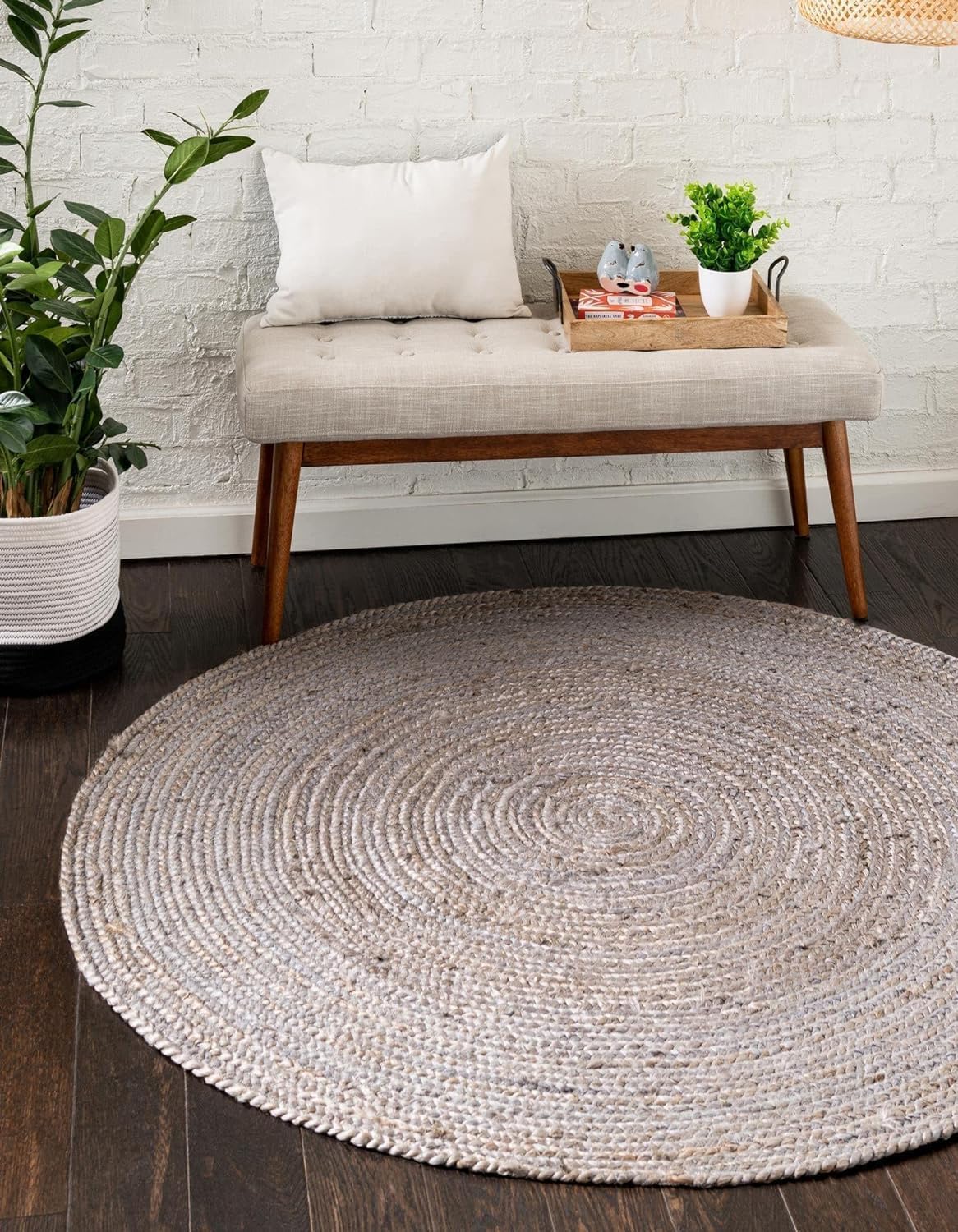 DecorAvenue Area Rugs Indian Handmade Natural Handwoven Braided Jute Rug for Living Room, Bedroom (Grey, 2 ft x 2 ft Round Shape)