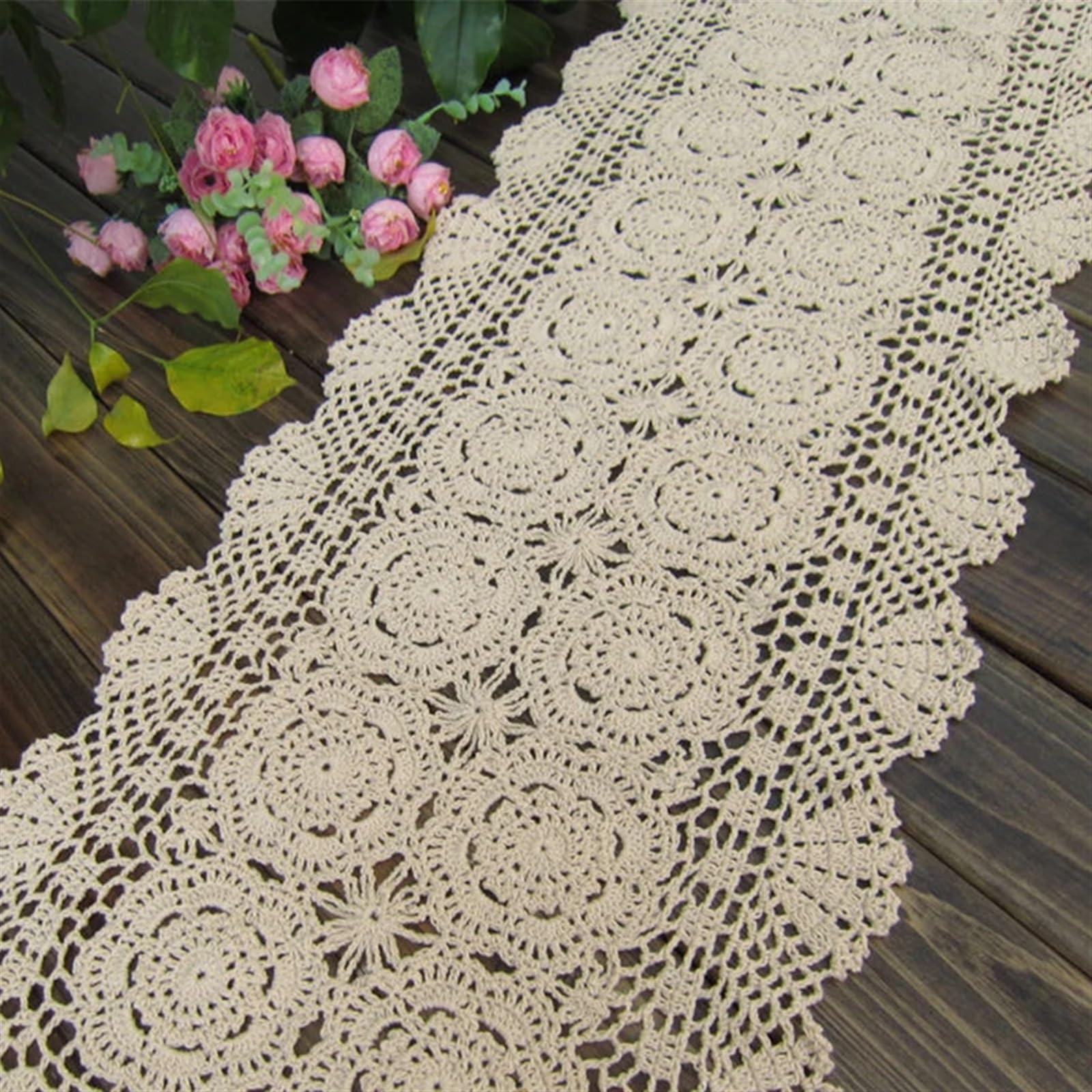 Elegant und luxuriös Handgemachte Baumwolle Gehäkelte Tischdecke Spitzendeckchen Blumen Tischläufer for Zuhause Café Tischdekoration 1 Teile/los (Beige,40x140cm)