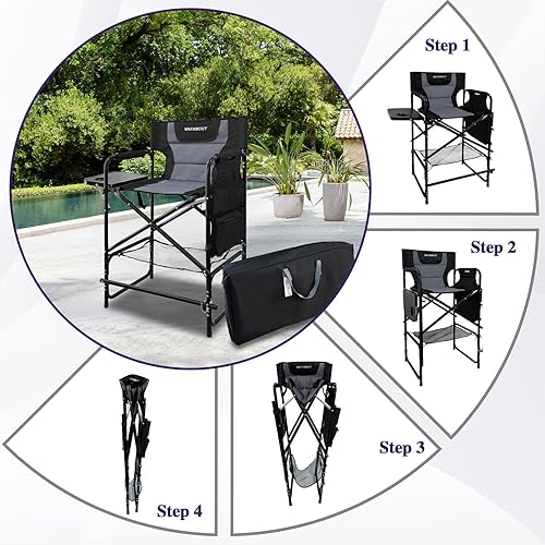 Miniatura 7 de Silla plegable alta de directores con mesa auxiliar de 30.71 pulgadas de altura del asiento, silla de campamento plegable, taburete de bar para Negro