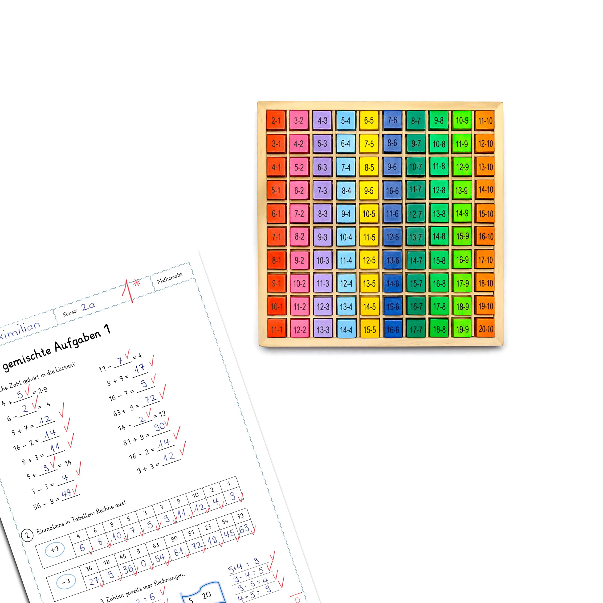 Natureich 4 tavole da calcolo, 1 x 1, divisione, Plus, meno, moltiplicazione, apprendimento per studenti elementari, lavagna monouso, in legno, cubi in legno