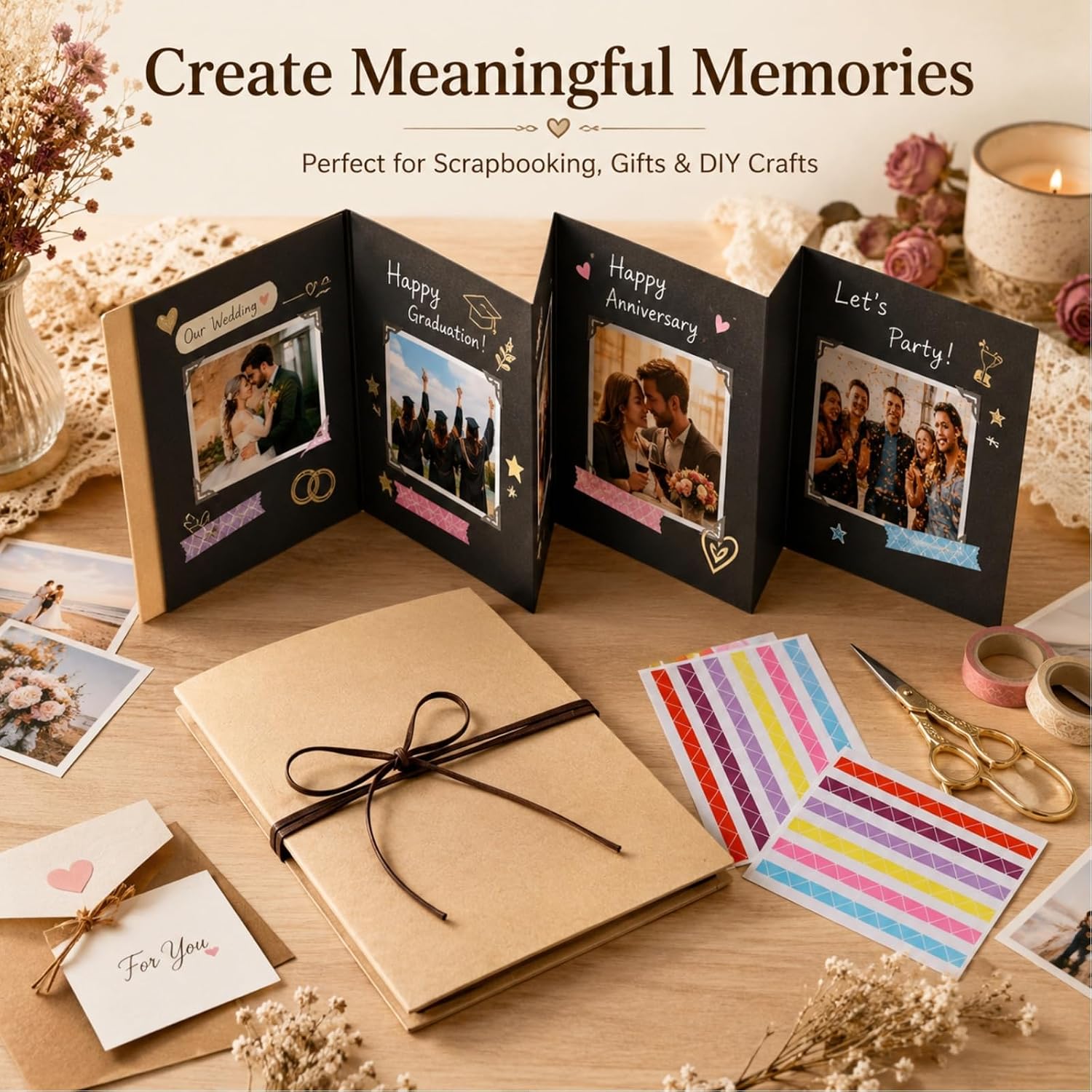 Small Scrapbook Album 7x4.7", Brown, Black Pages & Corner Stickers image 4