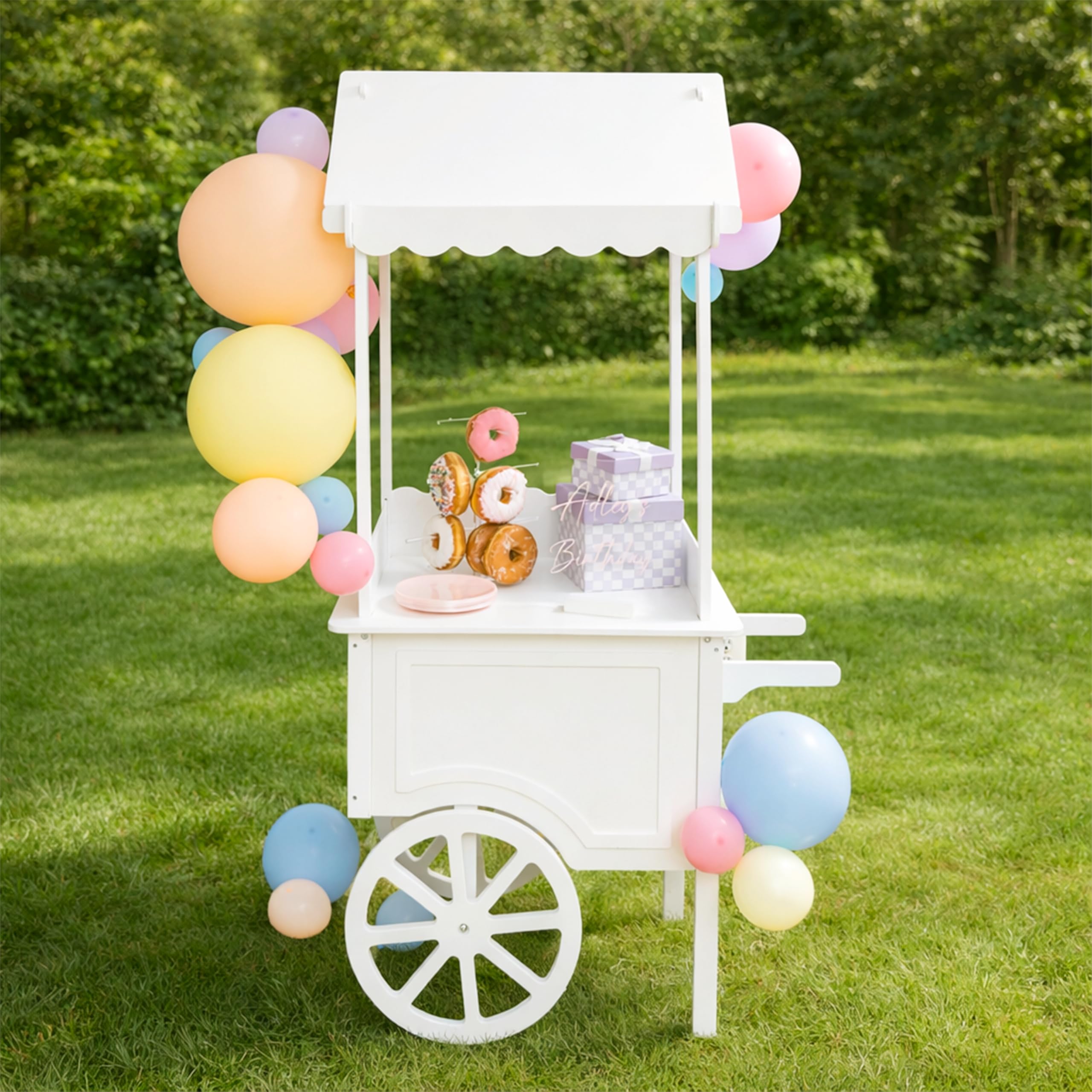 Photo 1 of Ilyapa Candy Cart for Party with Wheels for Events - 5'6 Ft Tall, 2'11 Ft Long Wooden Dessert Cart for Candy Display, Treats, and Ice Cream for Events