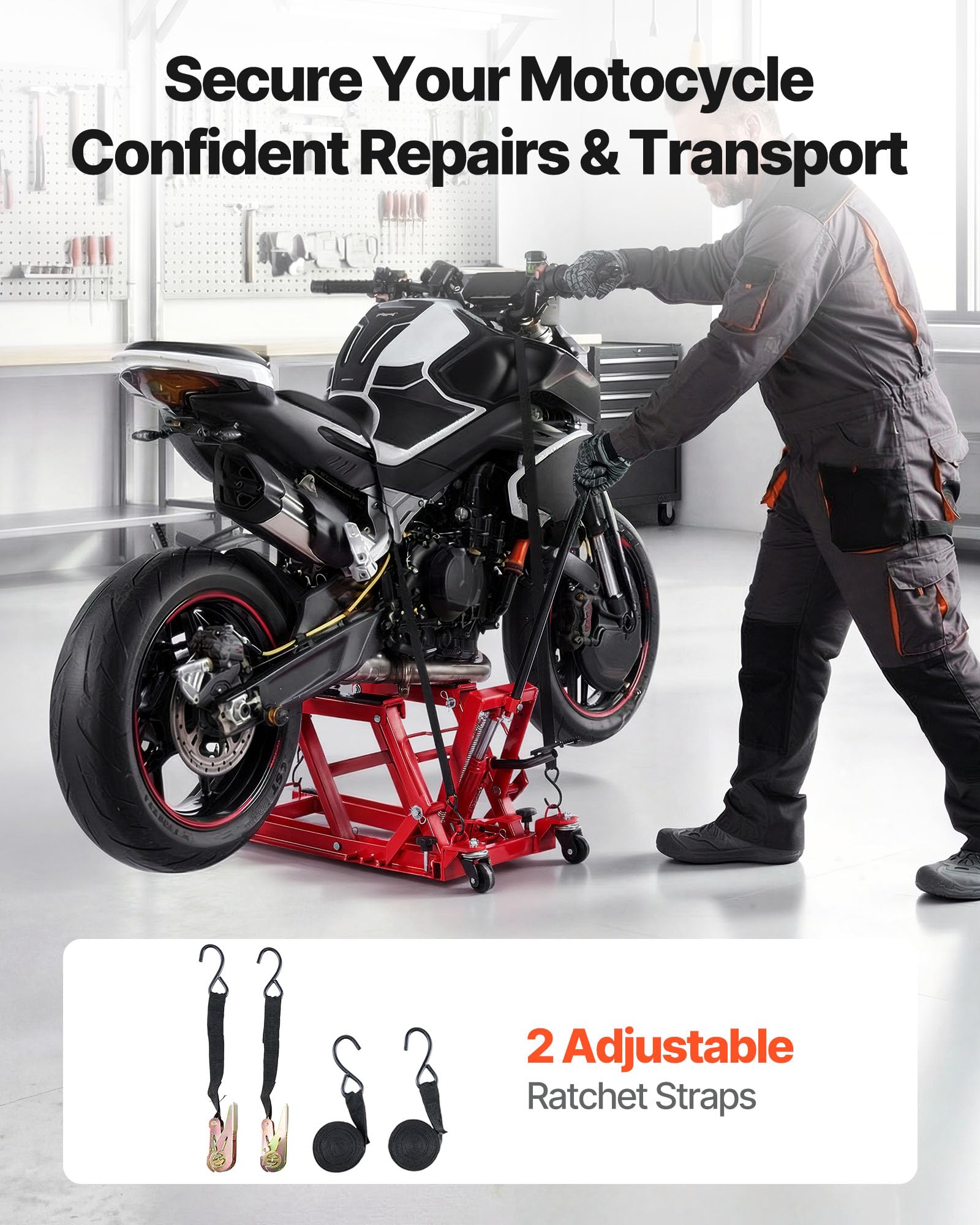 VEVOR Elevador Hidráulico de Motocicletas Capacidad de Carga de 680 kg, Plataforma Elevadora para Motocicletas con 4 Ruedas, Elevación de 115-385 mm, Soporte Estable para ATV, Talleres, Garajes