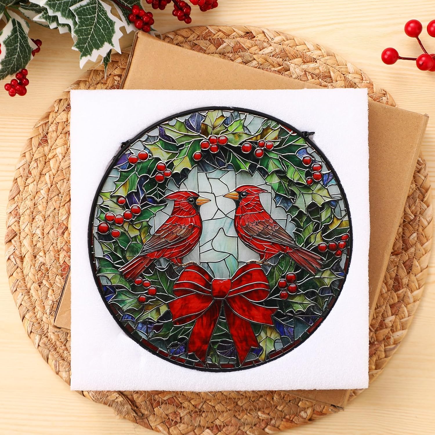 Pinkunn 7.9" Cardinal Stained Glass Window Hanging, Red Bird Sun Catcher Stained Glass Panel with Chain and Hook Cardinal Gifts for Women Christmas Winter Window Decoratios Mother's Day - Image 7