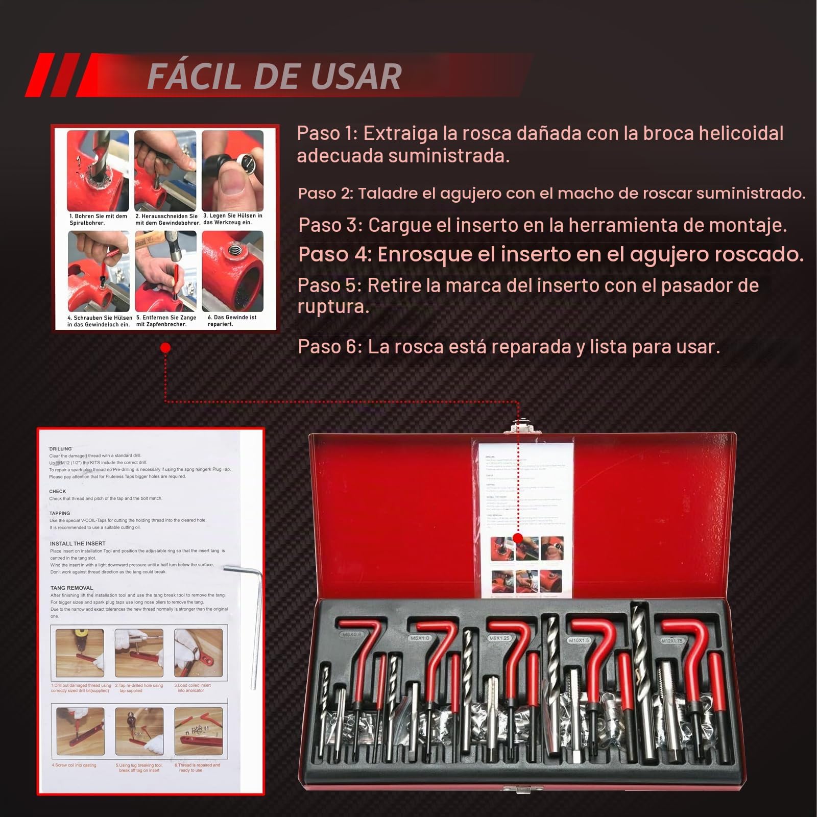 Helicoil - Juego de reparación de roscas (131 piezas, repuesto para M5, M6, M8, M10, M12)