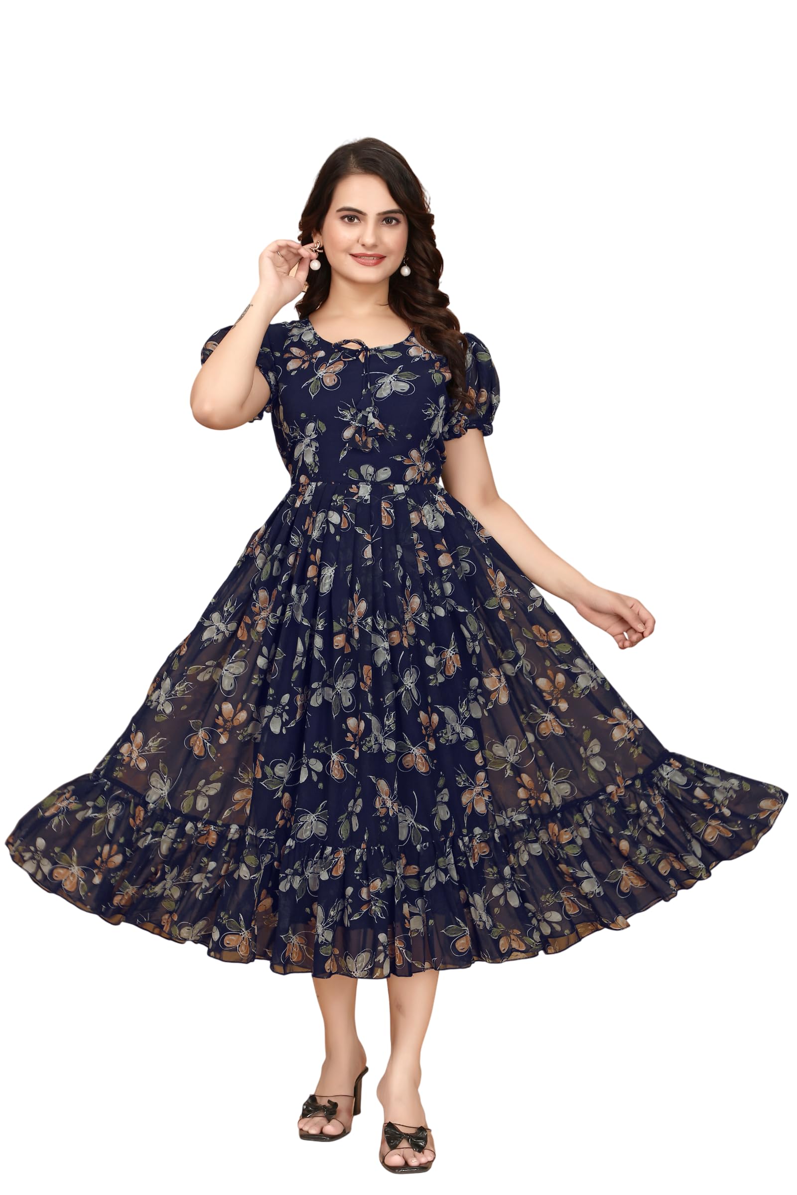 Women's Georgette Dresses Floral Printed One Piece | Round Neck Puffed Sleeve Casual Summer Dress with Belt | Elegant Office Wear & Maxi Dress Maroon-image-32