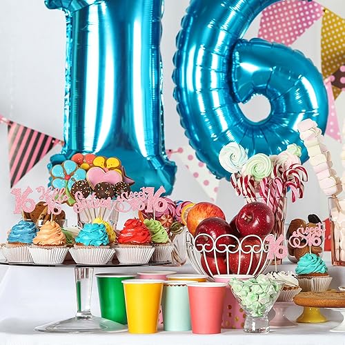 Miniatura 5 de 24 piezas de decoración para cupcakes de 16 cumpleaños con purpurina Hello 16 Sweet 16 Sweet 16 Cupcake Pick 16 años de edad, decoración para