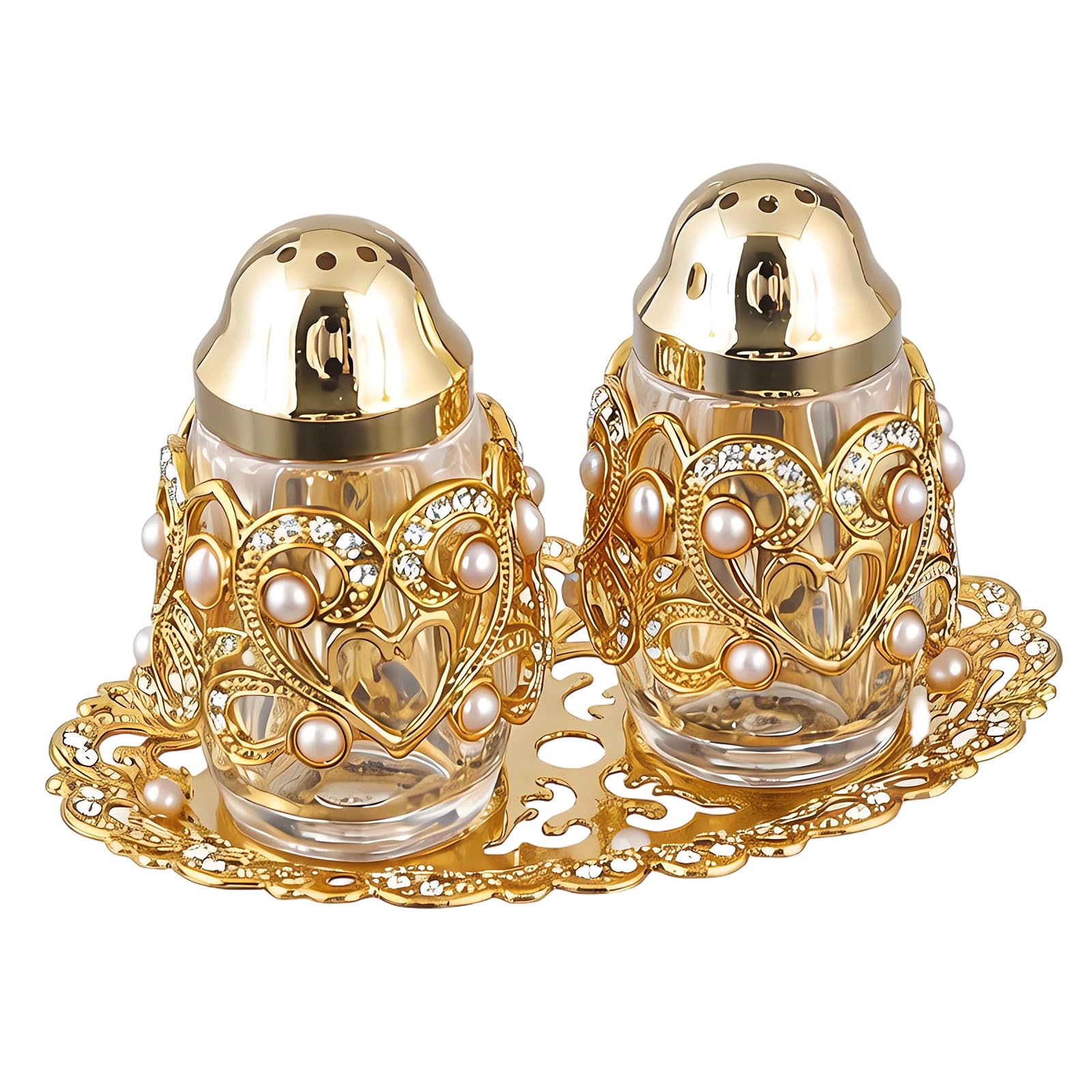 Whoasyst Gold Hollow Pearls Salts and Peppers Shaker Set with Glass Bottles Seasoning Jar for Kitchen Decoration Lavishness Mixture Glass Condiment Canisters