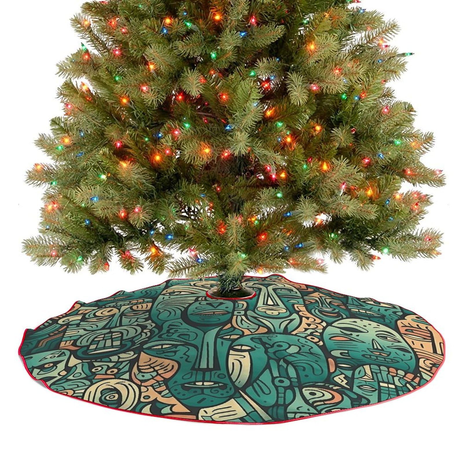 Christmas Tree Skirt 48"x48" with Pom Pom Trim Christmas Tree Mat Facial Elements Tree Skirt Christmas Tree Decorations Farmhouse Rustic Xmas Tree Skirt for New Year