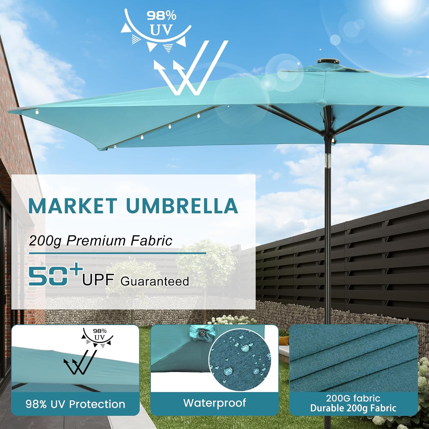 Close-up images showing the umbrella's 98% UV protection, waterproof fabric, and durable 200g polyester material.