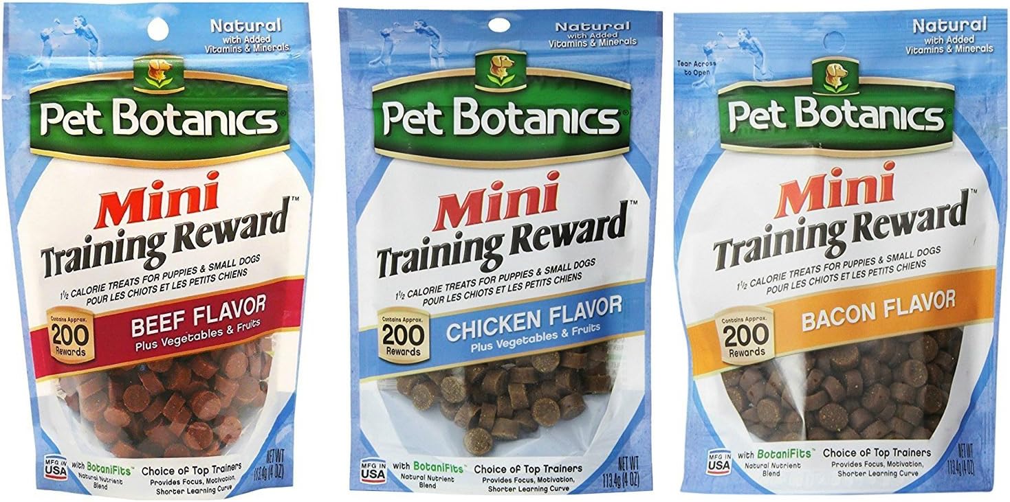 Pet Botanics Mini Training Rewards for Dogs 3 Flavor Variety Bundle: (1) Bacon, (1) Chicken and (1) Beef, 4 Oz Ea (200 Count per Bag, 3 Bags Total) Pet Botanics Mini Training Rewards for Dogs 3 Flavor Variety Bundle: (1) Bacon, (1) Chicken and (1) Beef, 4 Oz Ea (200 Count per Bag, 3 Bags Total)