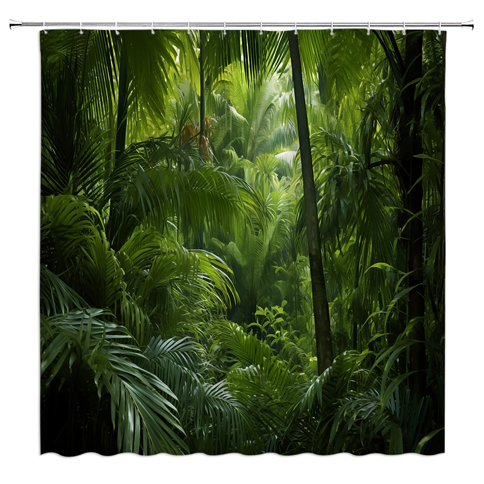 KTGHA Rainforest Shower Curtain Tropical Jungle Forest Green Palm Tree Leaves Nature Landscape Scenery Fabric Bathroom Decor with Hooks(70" WX70 H)