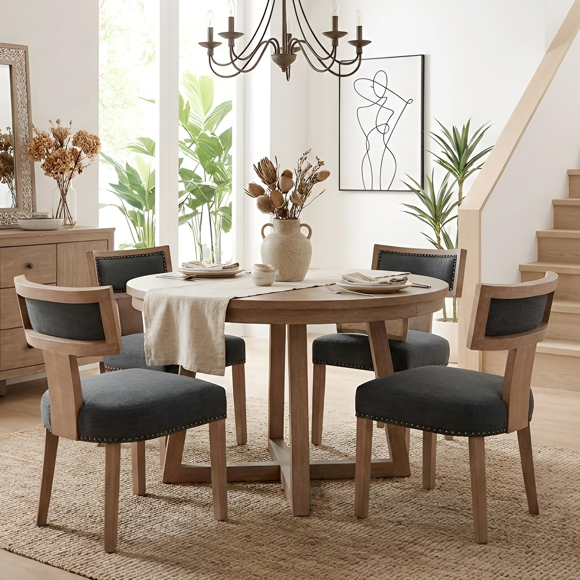 HNY Mid Century Modern Dining Chairs Set of 4, Farmhouse Linen Fabric Upholstered Accent Chairs Curved Nailhead Trim Backrest Kitchen Chairs, with Hardwood Frame, Charcoal