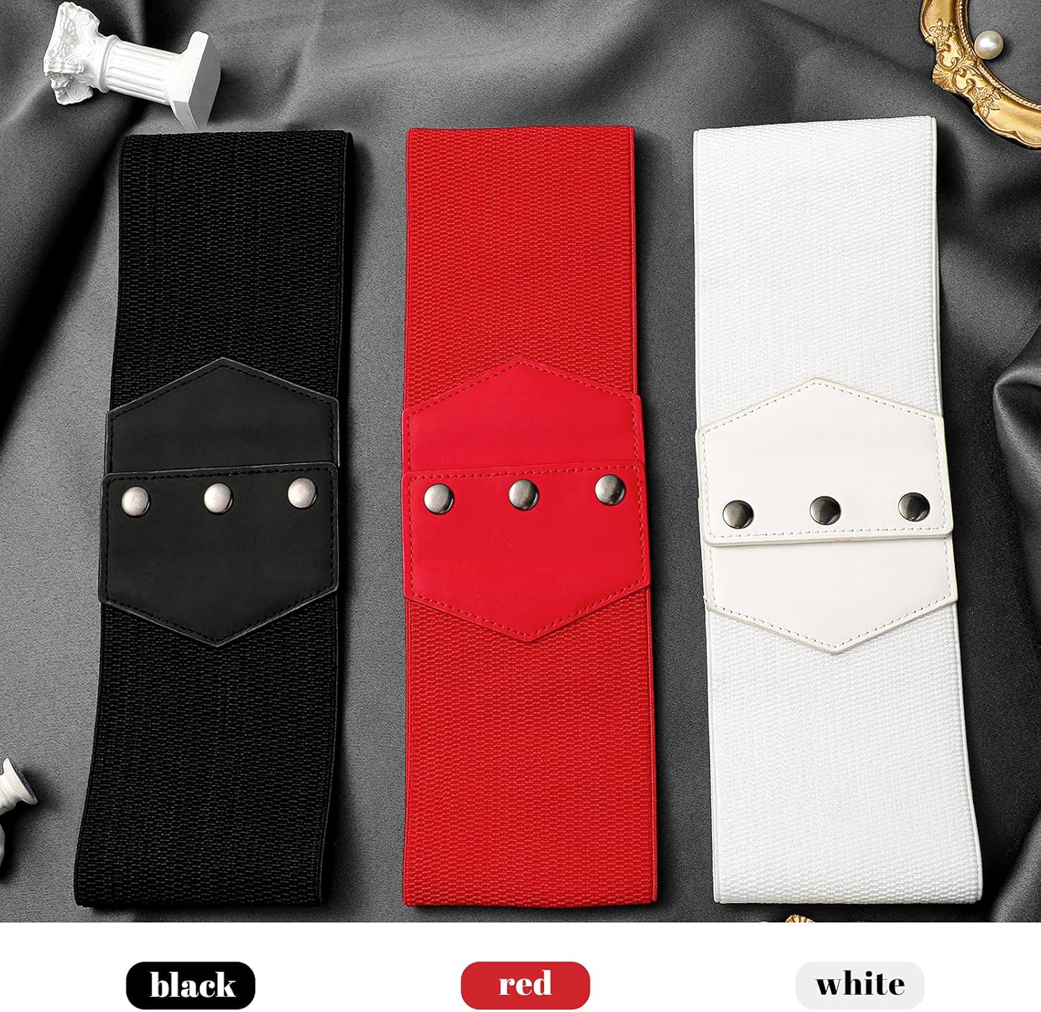 Stretchy Belt for Women 3 Pieces Elastic Snap Belt White Red Black Women Belts for Dresses Vintage Cinch Belt Elastic Waist Belt Women's Snap-button Waistband for Daily Dress Coat Costume Supplies - Image 6