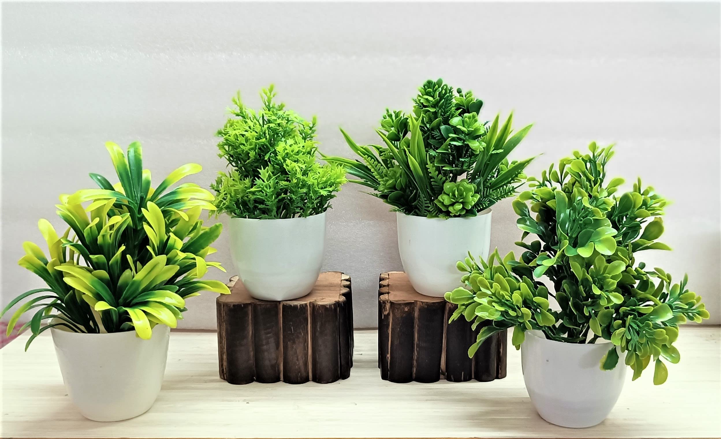 DUCTOR Unique Design Natural Looking Bonsai Artificial Small Green Plant with Pot Combo of 4. for Home, Office, Home Decorate H~15cm (6 INCH)