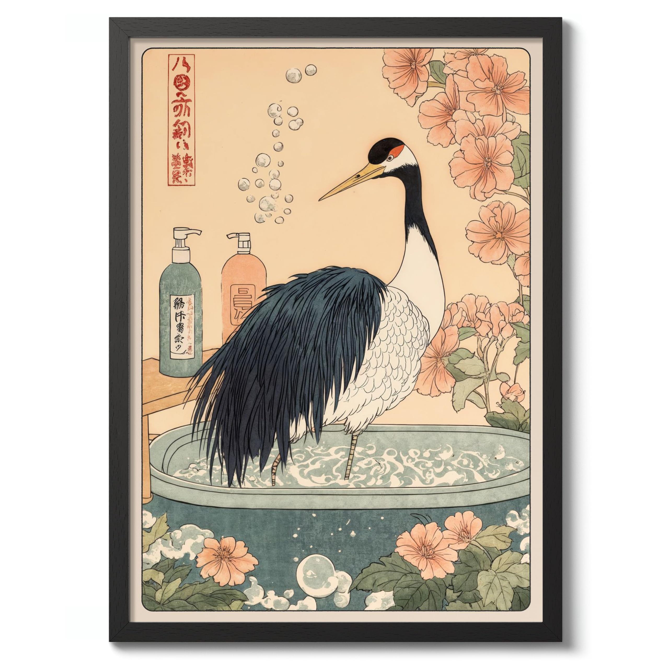 Crane Bathtime Anime Animal Poster, Funny Bathroom Wall Art Print, Manga, Bathroom Wall Art, Toilet Decor, 50x70cm (Black Frame) - 53x73cm