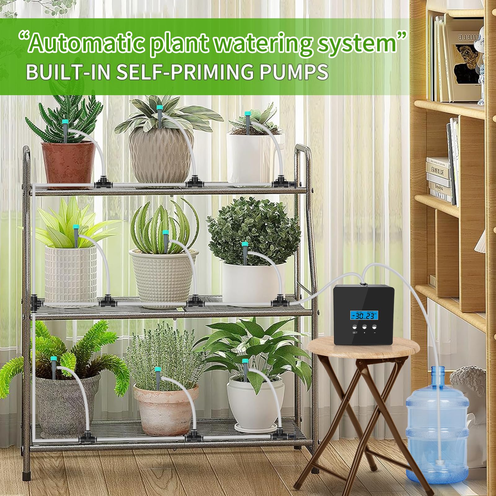 Système d'arrosage pour plantes d'intérieur, 10 dispositifs d'arrosage automatiques, minuterie programmable de l'eau, pompe auto-amorçante, kit de système d'irrigation goutte à goutte