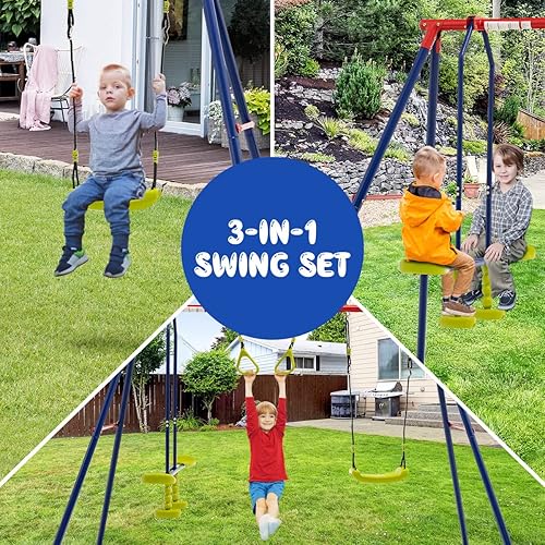 Vista 12 de OLAKIDS Juegos de columpios para patio trasero, 7 en 1 al aire libre, 660 libras, soporte de metal resistente con barra de mono para niños, juego