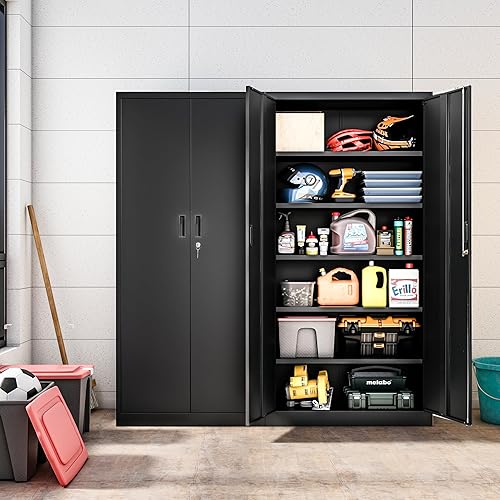 Miniatura 104 de Armario de almacenamiento de metal con puertas con cerradura y 2 estantes ajustables, gabinetes de metal de 71 pulgadas de alto, armarios de garaje,