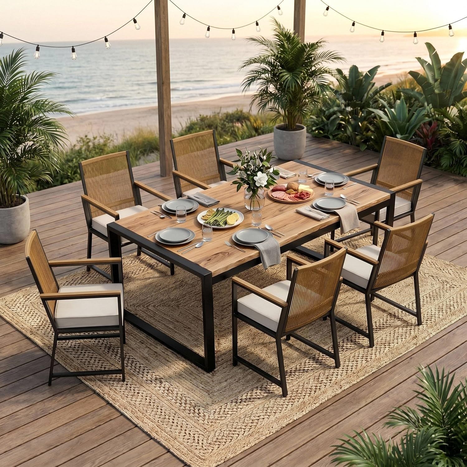 Clevich 2er Set Rattan Gartenstühle, Outdoor Stühle, Beige