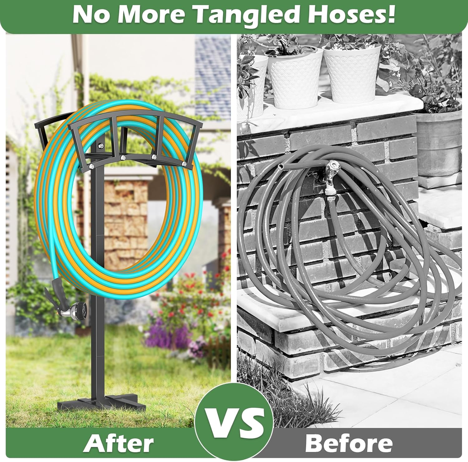 OLV Garden Hose Holder 4 Spikes, Heavy Duty Freestanding Water Hose Holder Stand Holds 150-ft Hoses, Detachable Outdoor Metal Storage Hanger Organizer Rack for Outside Yard Lawn Farm