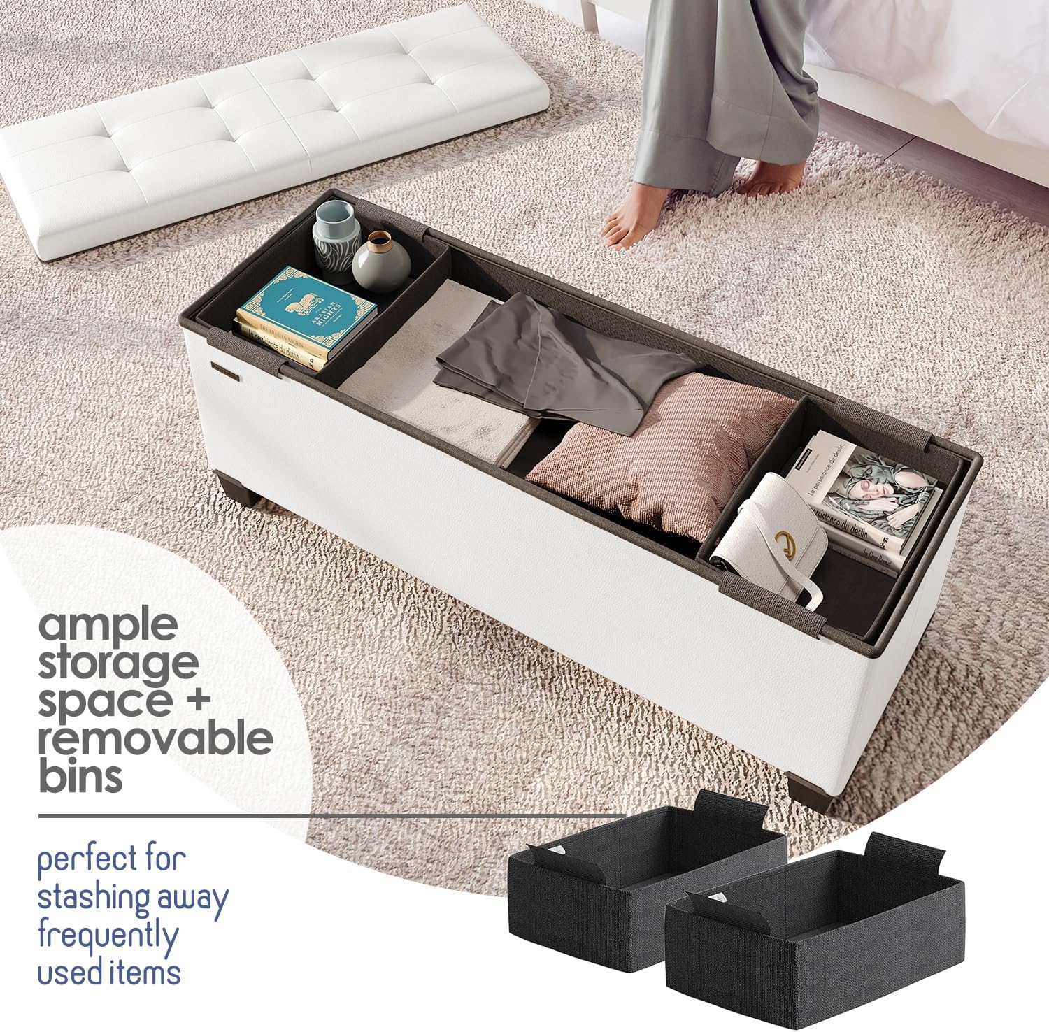 Storage Ottoman Bench with Bins, 43-in Storage Bench for Bedroom End of Bed, Folding Foot Rest Ottoman for Living Room Max 660lbs, Faux Leather Ottomans, Cream - Image 3