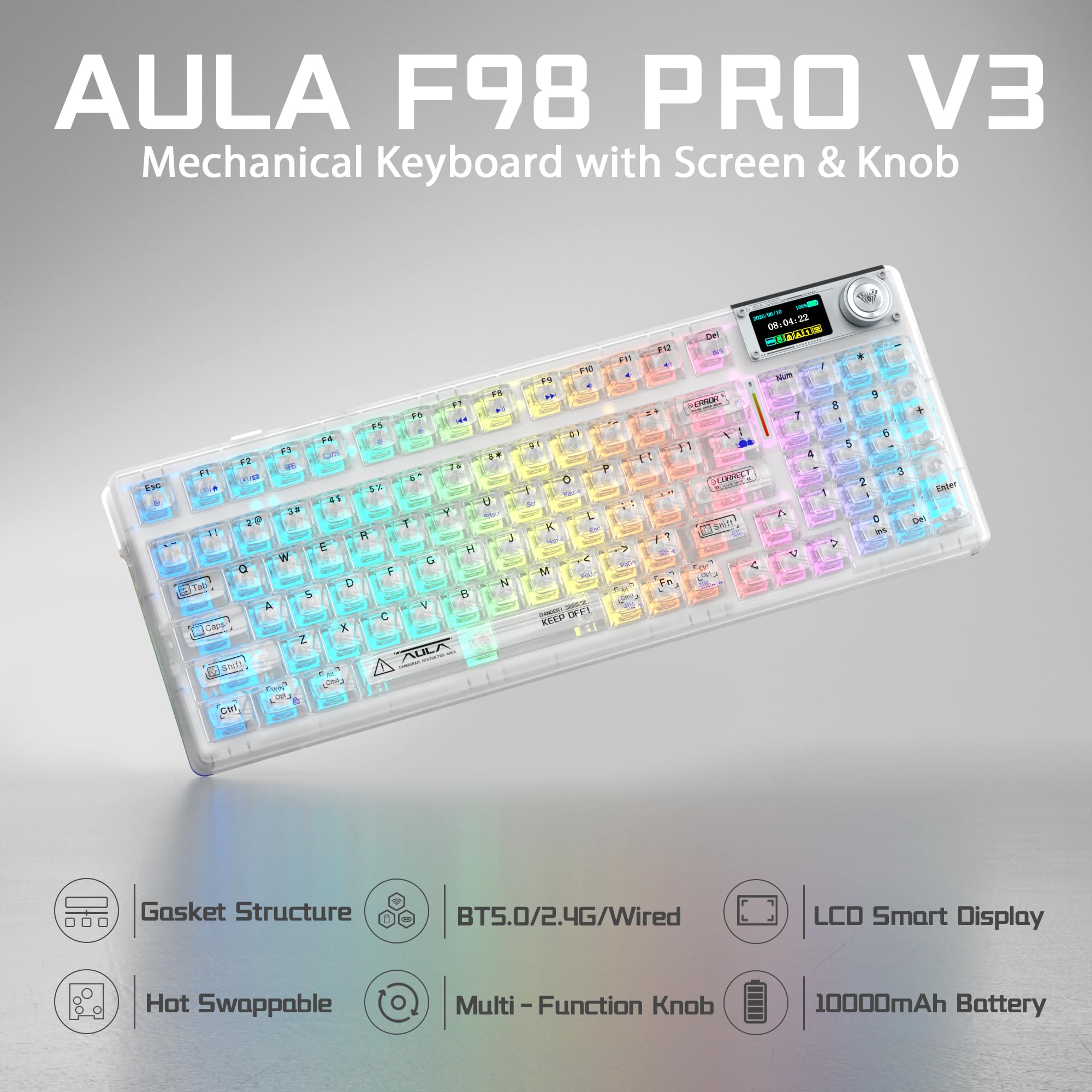 AULA F98Pro V3 Kabellose Gaming Tastatur mit Display & Knopf | BT/USB-C/2,4GHz,Gasket,Hot-Swap,10000mAh,Transparente Keycaps,RGB,Makro Software,Wireless Mechanische Tastatur für Tablet/PC