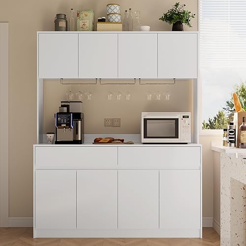 Miniatura 10 de Armario de almacenamiento de cocina, armarios grandes de despensa de 63 pulgadas de ancho con encimera de horno microondas, armario de Blanco +