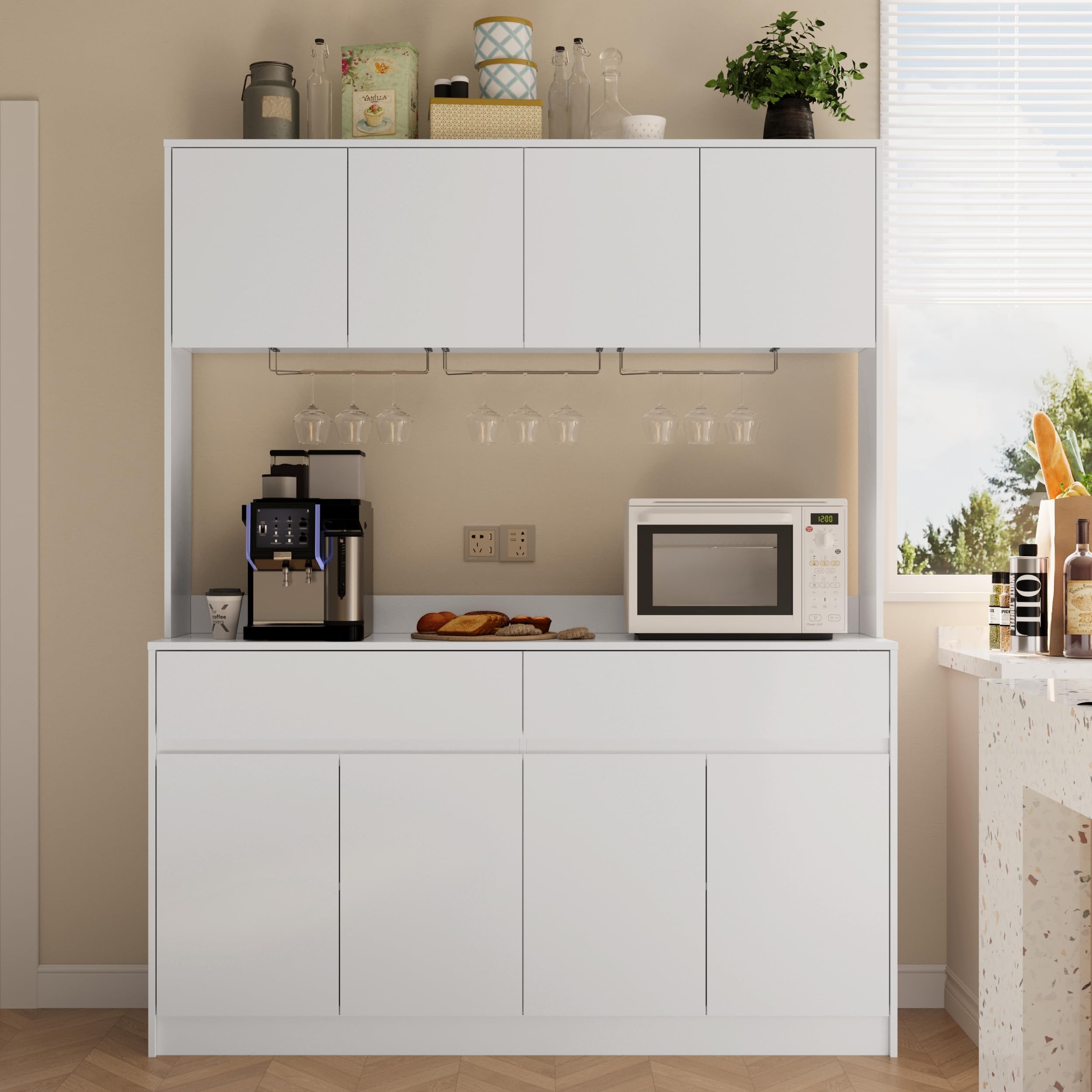 Mekminop Kitchen Hutch Storage Cabinet, 63" W Large Pantry Cabinets with Microwave Oven Countertop, Freestanding Kitchen Pantry Storage Cabinet with 4