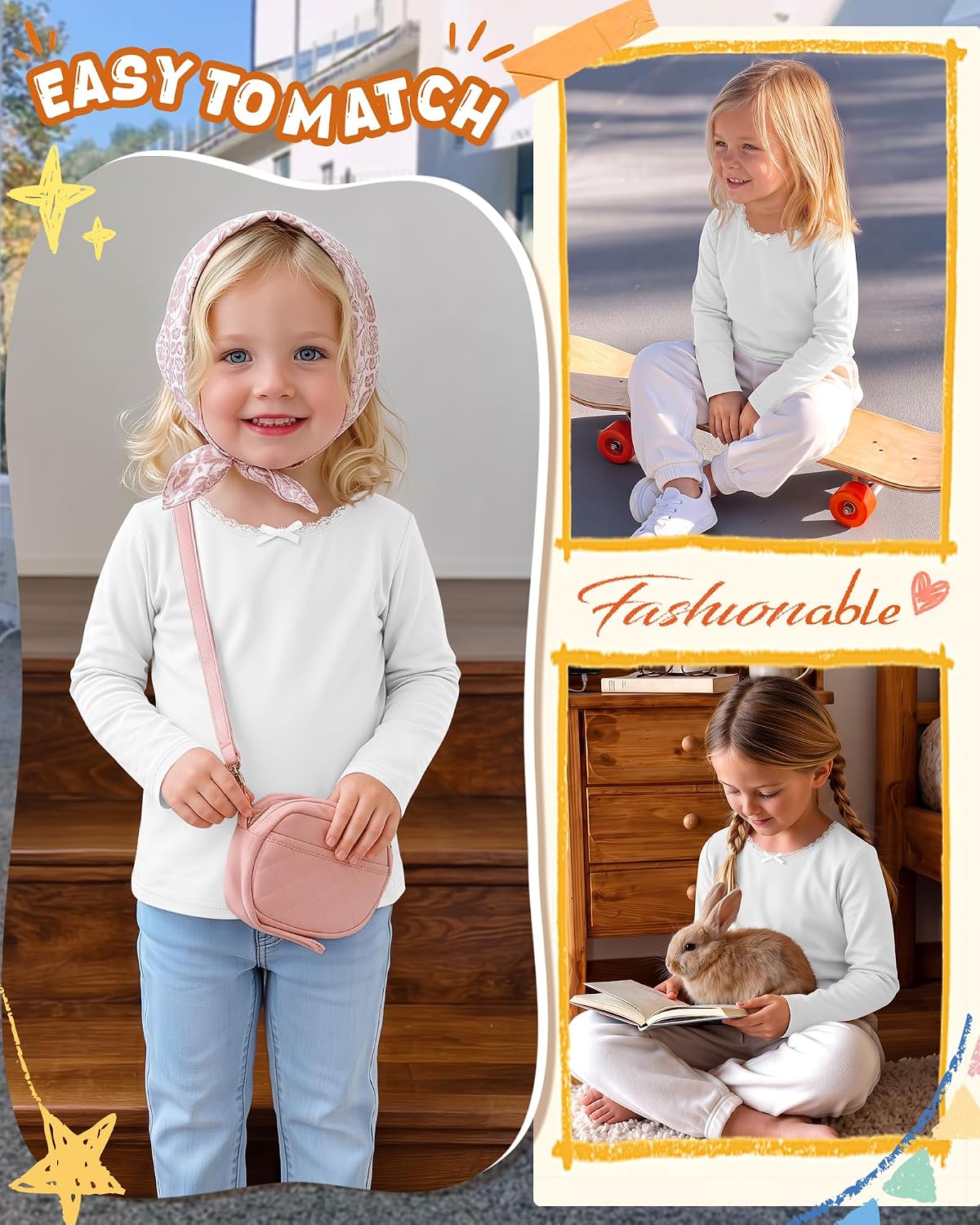 Toddler Girls Long Sleeve Shirts Crew Neck Lace Trim Bow Baby Tops Casual Soft Baggy Cotton Blend Clothes 18M-5T
