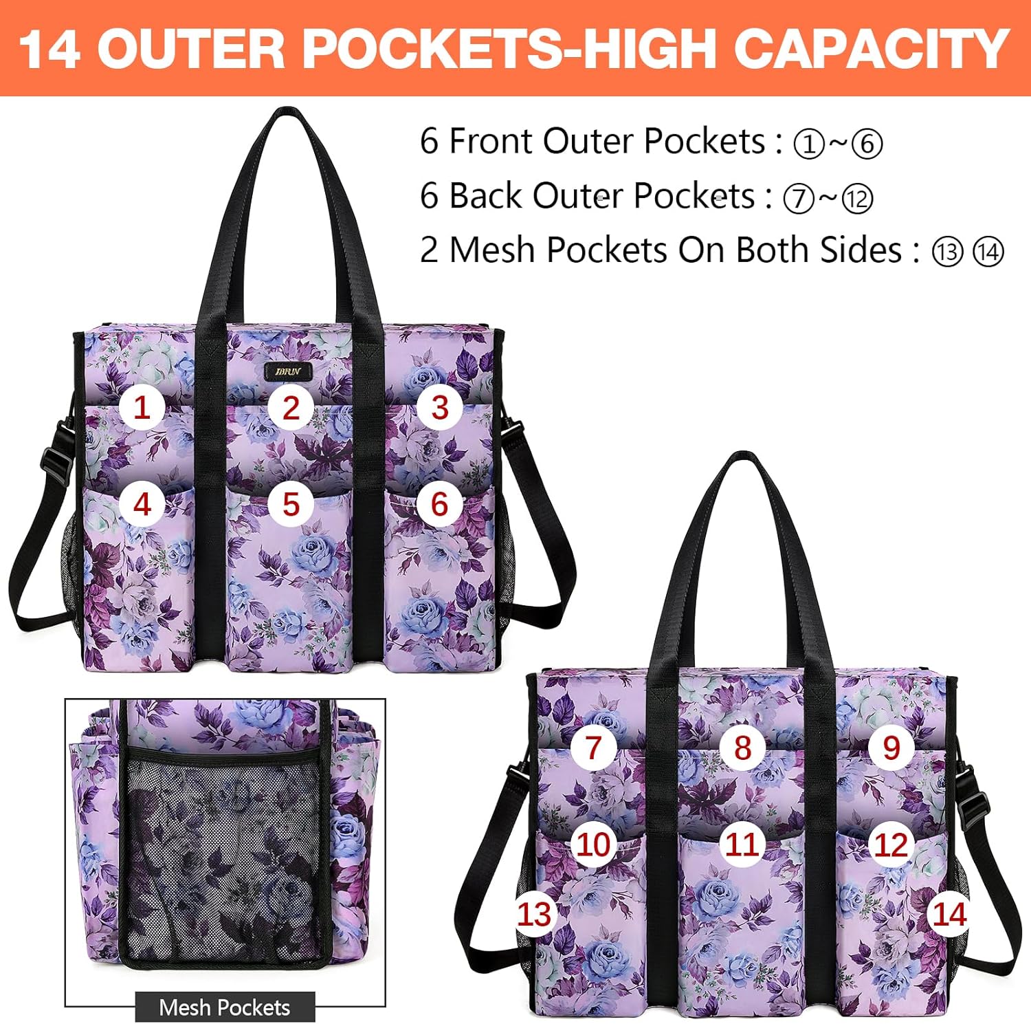 IBFUN Utility Tote Bag with 14/24 Pockets Zip Top Teacher Tote Bag for Teacher/Work Women - Image 3