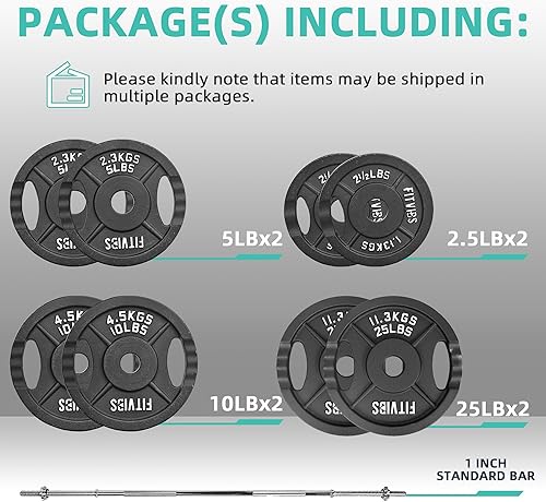 Miniatura 2 de Fitvids Barbell Weight Set, Cast Iron 1" Standard Weight Plates Including 5FT Standard Barbell Bar & Star Locks, 95 Pounds Set (85 Lbs Plates + 10