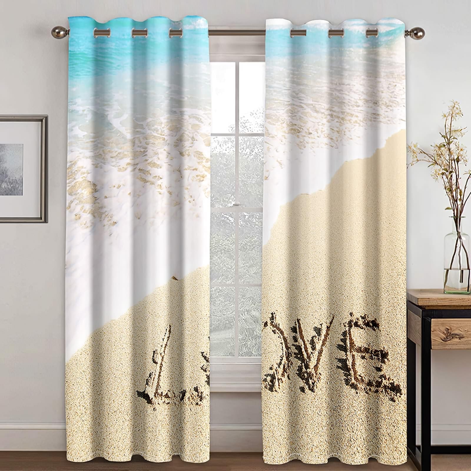 Rideaux Occultants 2 Panneaux, Rideau Interieur Thermique à Oeillets Paysage de Plage Love Rideaux pour Decoration Chambre Salon Intérieurs, 132x214 CM(LxH), Beige Bleu Vert
