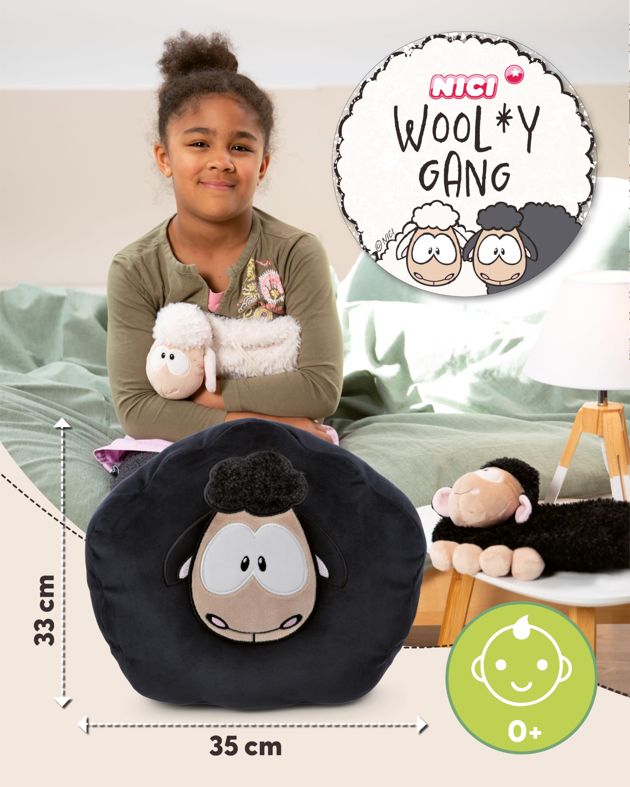 NICI cuscino di peluche Pecora 35x33cm nero - Soffice cuscino morbido per bambini, bambine, neonati e amanti dei peluche - Ideale a casa, all'asilo o in viaggio - 49921