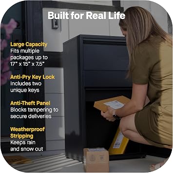 Adoorn Package Delivery Boxes for Outside - Large Anti-Theft Secure Package Box - Free Standing Parcel Drop Box - Weatherproof Construction - Durable Steel - 36 H x 20.5 W x 15 D - Black