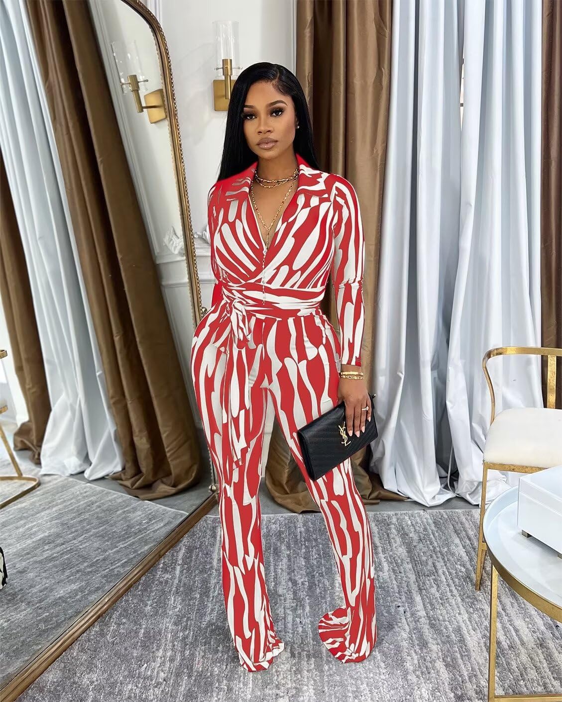 Ophestin Women 2 Piece Outfits V Neck Striped Print Long Sleeve Wrap Top Bodycon Flare Leggings Set Tracksuits Jumpsuit - Image 2